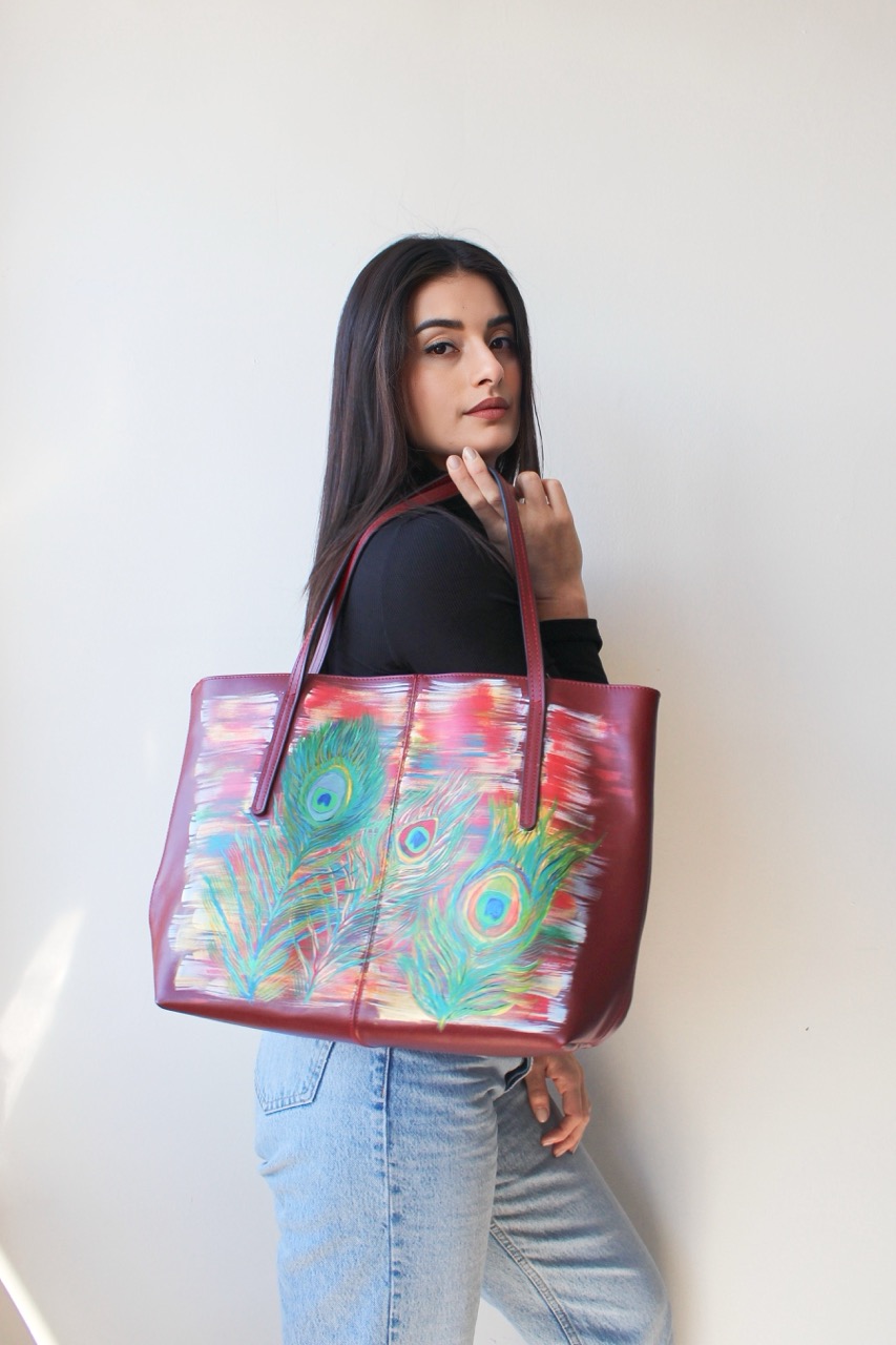 wearable art hand painted tote red peacock by flavia de paula telamoda 1 large wearable art hand painted tote red peacock by flavia de paula telamoda 1 large