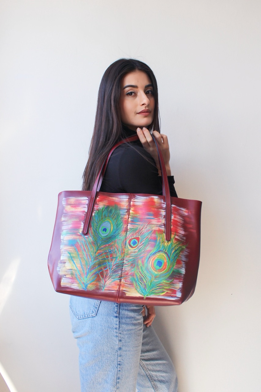 wearable art hand painted tote red peacock by flavia de paula telamoda 2 large wearable art hand painted tote red peacock by flavia de paula telamoda 2 large