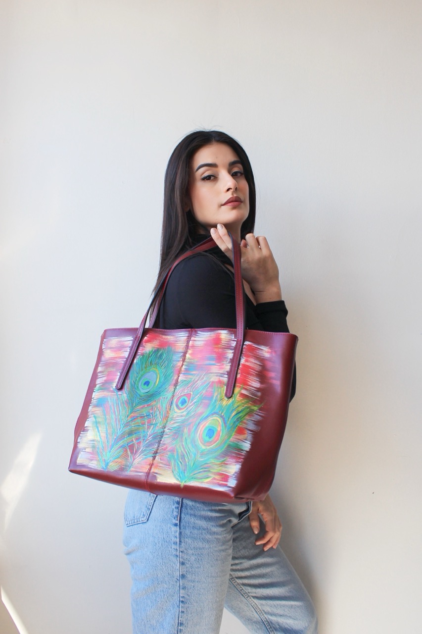 wearable art hand painted tote red peacock by flavia de paula telamoda 3 large wearable art hand painted tote red peacock by flavia de paula telamoda 3 large