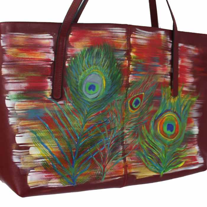 WEARABLE ART HAND PAINTED Tote - Red Peacock - By Flavia De Paula WEARABLE ART HAND PAINTED Tote - Red Peacock - By Flavia De Paula