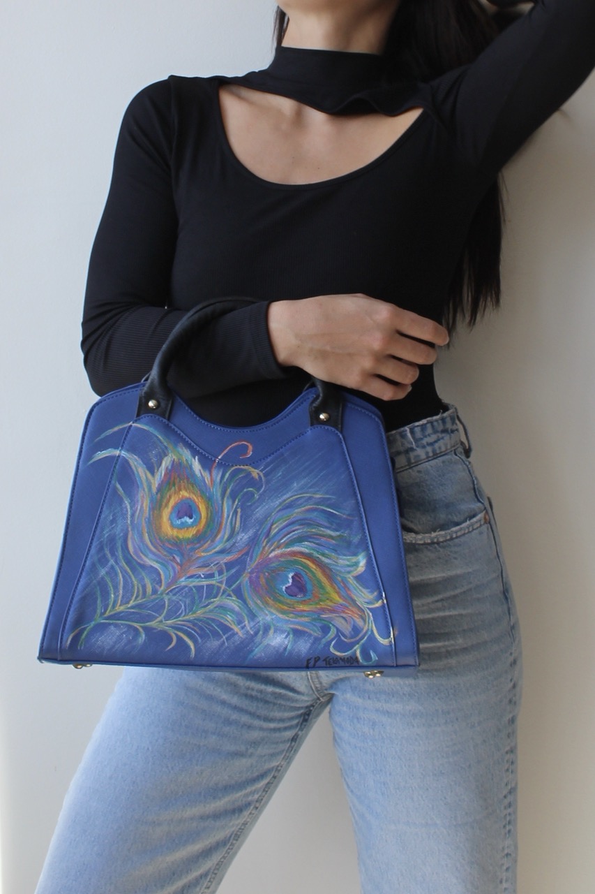 wearable art hand painted handbag blue peacock by flavia de paula telamoda 5 large wearable art hand painted handbag blue peacock by flavia de paula telamoda 5 large